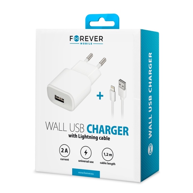 Forever Wall charger USB 2A TC-01 + iPhone 8-pin cable - White