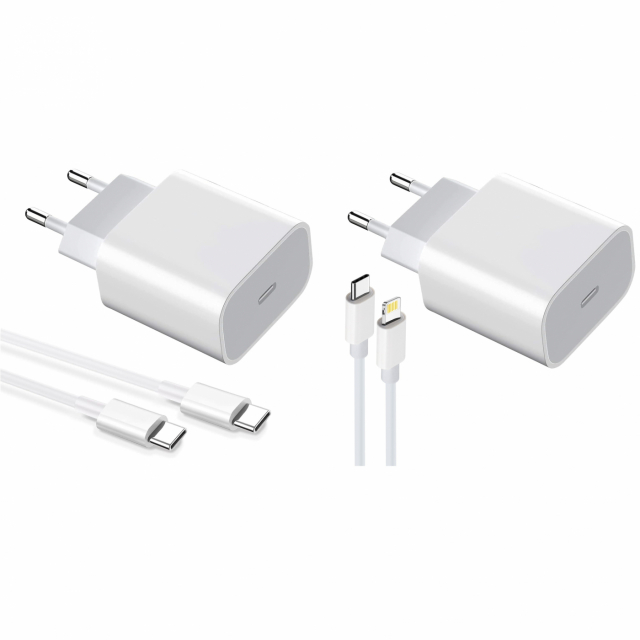 2-pack Charger for iPhone / Android 20W with USB-C to Lightning and USB-C - Fast Charger