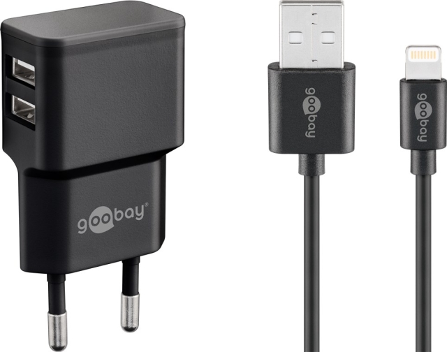 Goobay Apple Lightning Dual laddningssats (12 W) Strömförsörjningsenhet med 2x USB-uttag och Apple Lightning-kabel 1 m (svart)