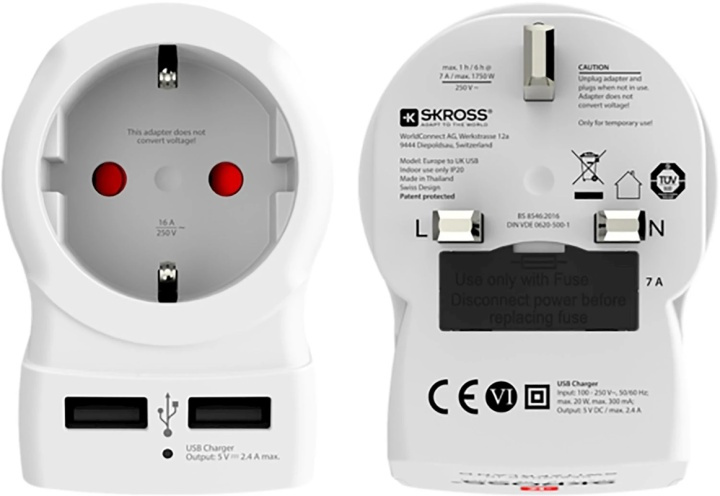 Skross reseadapter för Storbritannien med USB in the group HOME, HOUSEHOLD & GARDEN / Electricity & Lighting / Travel adapters at TP E-commerce Nordic AB (38-99265)