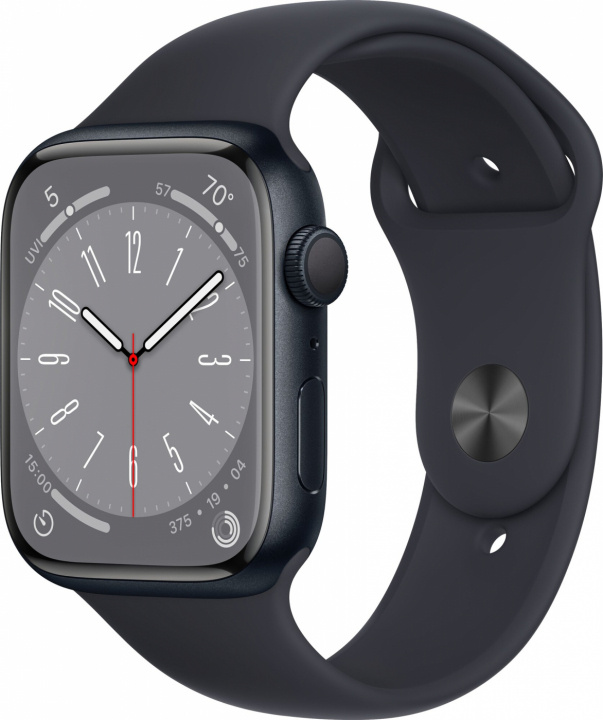 Apple Watch Series 8 45mm Midnight/Aluminium with Midnight Sportband GPS in the group SMARTPHONE & TABLETS / Excercise, home & leisure / Apple Watch & Accessories / Apple Watch at TP E-commerce Nordic AB (A22762)