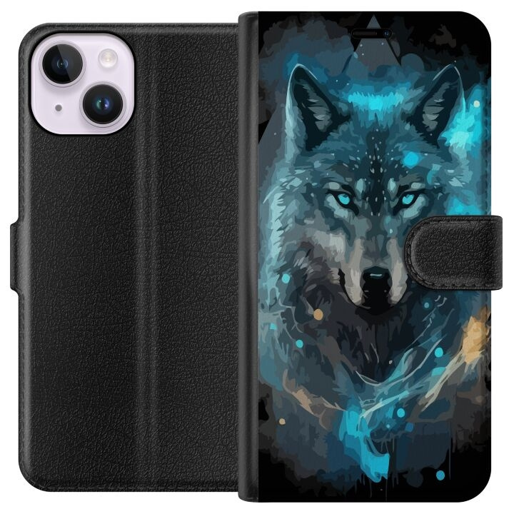 Wallet case for Apple iPhone 14 with Wolf design in the group SMARTPHONE & TABLETS / Phone cases / Apple / iPhone 14 at TP E-commerce Nordic AB (A50599)