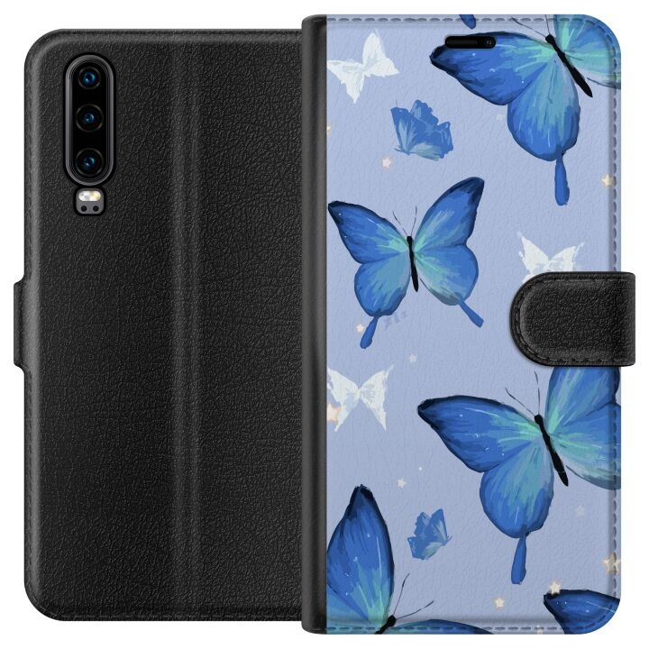 Wallet case for Huawei P30 with Blue butterflies design in the group SMARTPHONE & TABLETS / Phone cases / Huawei/Honor at TP E-commerce Nordic AB (A53175)