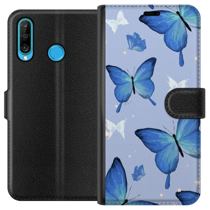 Wallet case for Huawei P30 lite with Blue butterflies design in the group SMARTPHONE & TABLETS / Phone cases / Huawei/Honor at TP E-commerce Nordic AB (A53229)