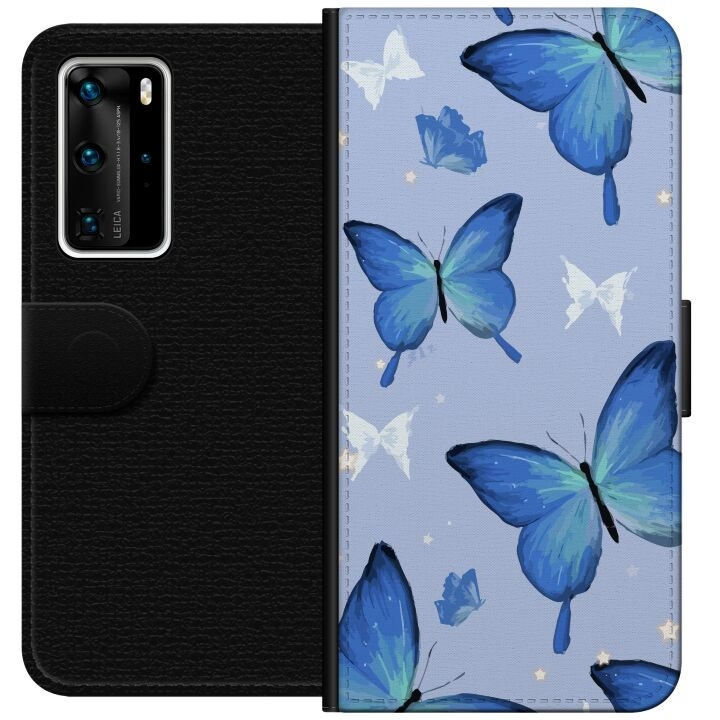 Wallet case for Huawei P40 Pro with Blue butterflies design in the group SMARTPHONE & TABLETS / Phone cases / Huawei/Honor at TP E-commerce Nordic AB (A53526)