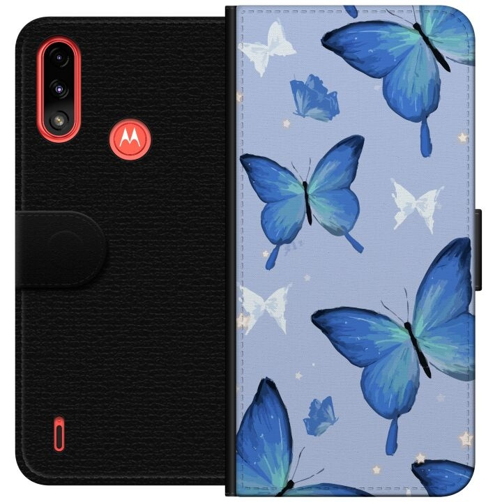 Wallet case for Motorola Moto E7 Power with Blue butterflies design in the group SMARTPHONE & TABLETS / Phone cases / Motorola at TP E-commerce Nordic AB (A54438)