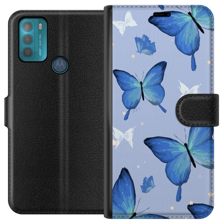 Wallet case for Motorola Moto G50 with Blue butterflies design in the group SMARTPHONE & TABLETS / Phone cases / Motorola at TP E-commerce Nordic AB (A55032)