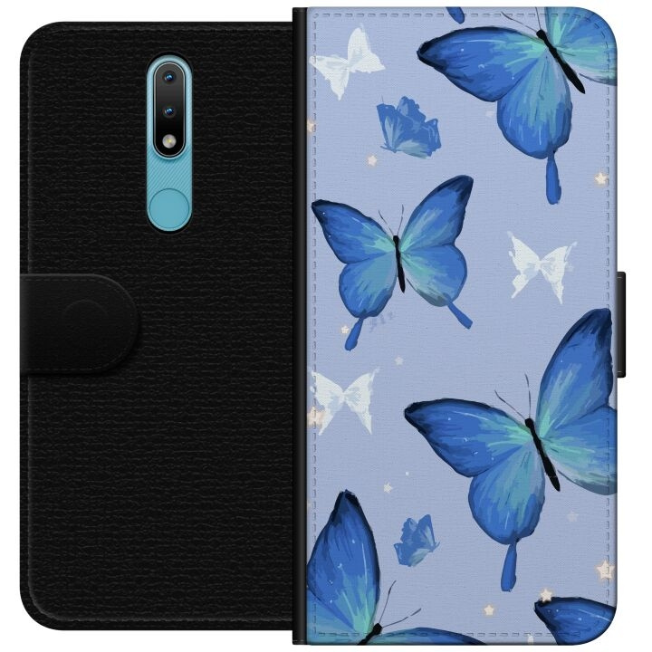 Wallet case for Nokia 2.4 with Blue butterflies design in the group SMARTPHONE & TABLETS / Phone cases / Nokia/Microsoft at TP E-commerce Nordic AB (A55680)