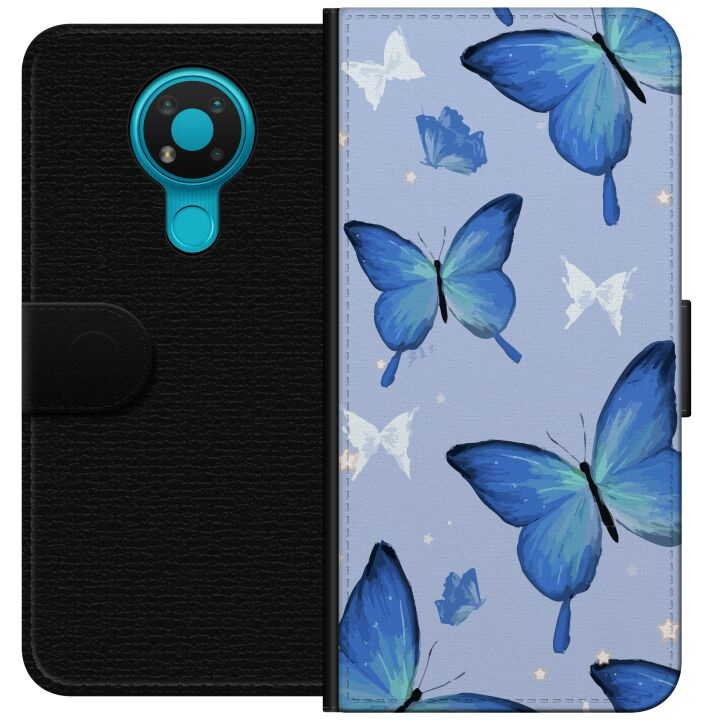 Wallet case for Nokia 3.4 with Blue butterflies design in the group SMARTPHONE & TABLETS / Phone cases / Nokia/Microsoft at TP E-commerce Nordic AB (A55707)