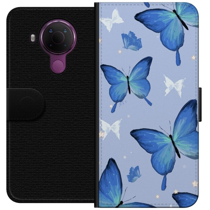 Wallet case for Nokia 5.4 with Blue butterflies design in the group SMARTPHONE & TABLETS / Phone cases / Nokia/Microsoft at TP E-commerce Nordic AB (A55761)