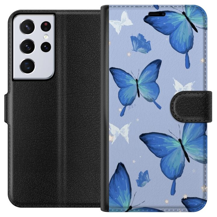 Wallet case for Samsung Galaxy S21 Ultra 5G with Blue butterflies design in the group SMARTPHONE & TABLETS / Phone cases / Samsung at TP E-commerce Nordic AB (A62430)