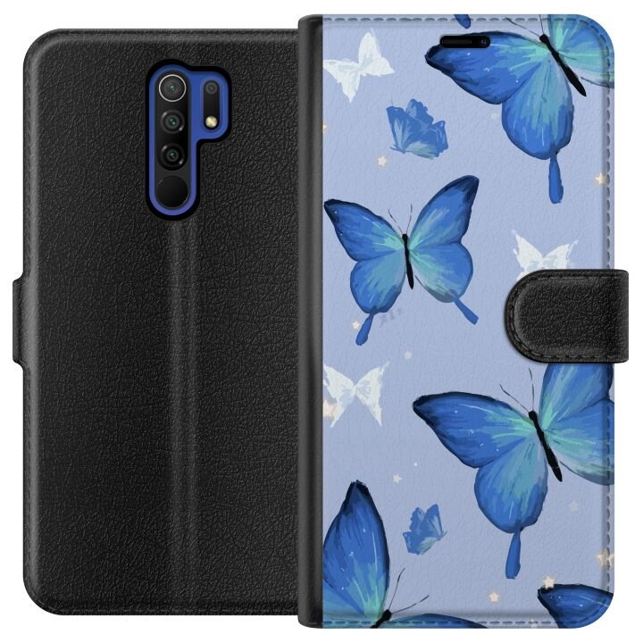 Wallet case for Xiaomi Redmi 9 with Blue butterflies design in the group SMARTPHONE & TABLETS / Phone cases / Xiaomi at TP E-commerce Nordic AB (A65643)