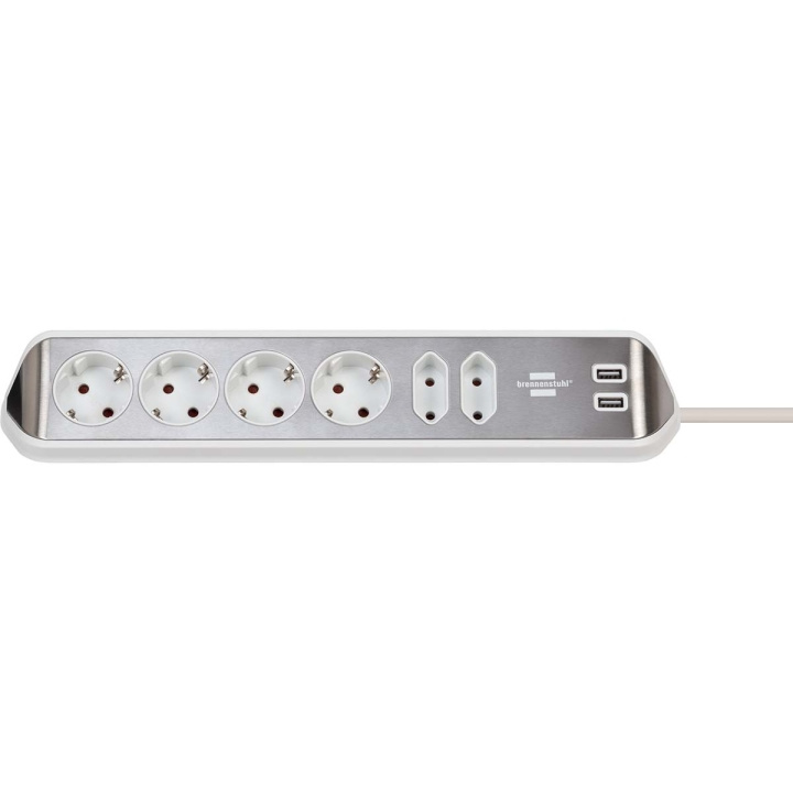 brennenstuhl Estilo 6-way corner socket strip with high-quality stainless steel surface for kitchen and office (desk socket with 4x protective contact sockets, 2x Euro sockets, incl. USB charging function) silver / white in the group HOME, HOUSEHOLD & GARDEN / Electricity & Lighting / Power strips at TP E-commerce Nordic AB (C08294)