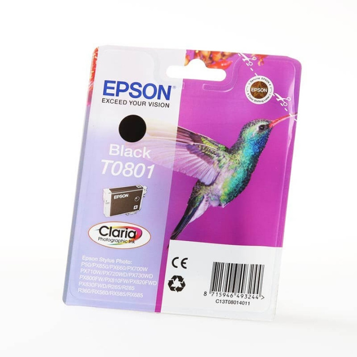 EPSON Ink C13T08014011 T0801 Black, Hummingbird in the group COMPUTERS & PERIPHERALS / Printers & Accessories / Ink & Toner / Ink cartridges / Epson at TP E-commerce Nordic AB (C26745)