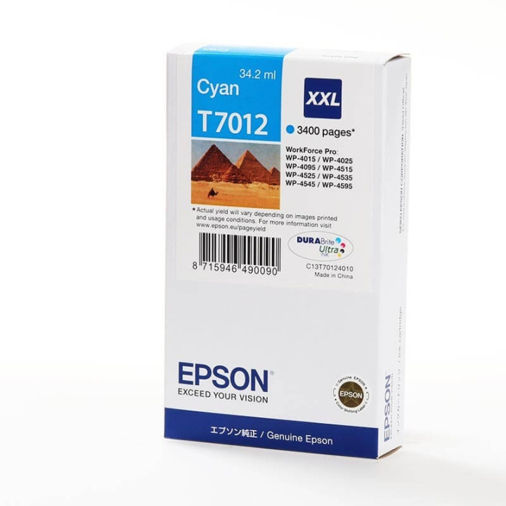 Epson Ink C13T70124010 T7012 XXL Cyan, Pyramids in the group COMPUTERS & PERIPHERALS / Printers & Accessories / Ink & Toner / Ink cartridges / Epson at TP E-commerce Nordic AB (C26854)