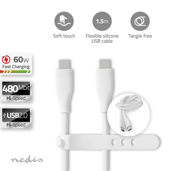 Nedis USB Cable | USB 2.0 | USB-C™ Male | USB-C™ Male | 60 W | 480 Mbps | Nickel Plated | 1.50 m | Round | Silicone | White | Box in the group COMPUTERS & PERIPHERALS / Computer cables / USB / USB-C at TP E-commerce Nordic AB (C66097)