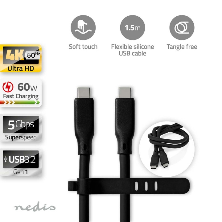 Nedis USB Cable | USB 3.2 Gen 1 | USB-C™ Male | USB-C™ Male | 60 W | 8K@30Hz | 5 Gbps | Nickel Plated | 1.50 m | Round | Silicone | Black | Box in the group COMPUTERS & PERIPHERALS / Computer cables / USB / USB-C at TP E-commerce Nordic AB (C66108)