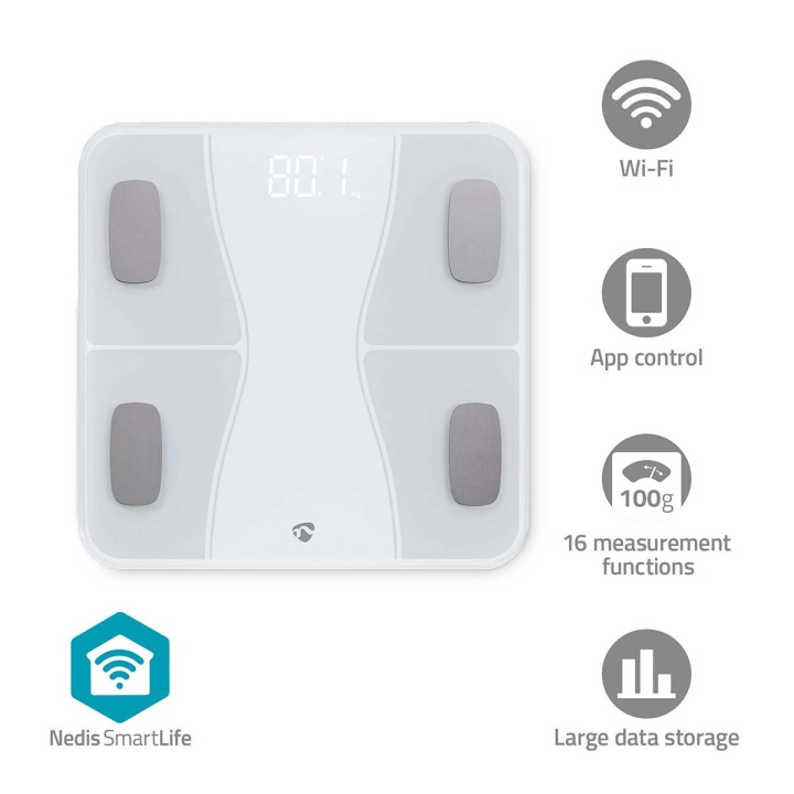 Nedis SmartLife Personal Scale | Bluetooth® | BMI / BMR / Bones / Fat / Muscles / Water / Weight | 12 | Peak load: 180 kg | Android™ / IOS | ABS / Glass | White in the group BEAUTY & HEALTH / Health care / Bathroom scales at TP E-commerce Nordic AB (C66708)