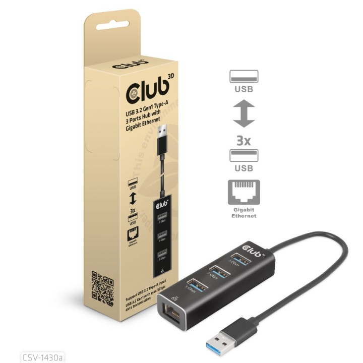 Club 3D USB 3.2 Gen1 A 3-P Hub Gigabit Ethernet in the group COMPUTERS & PERIPHERALS / Laptops & accessories / Docking station at TP E-commerce Nordic AB (C67860)