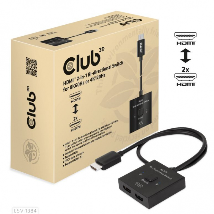 Club 3D HDMI 2-in-1 Bi-directional Switch for 8K60Hz or 4K120Hz in the group COMPUTERS & PERIPHERALS / Computer cables / Switches at TP E-commerce Nordic AB (C67870)