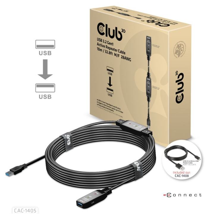 Club 3D USB 3.2 Gen1 aktiv repeaterkabel 10 m M/F 28AWG in the group HOME, HOUSEHOLD & GARDEN / Electricity & Lighting / Extension cables at TP E-commerce Nordic AB (C67904)