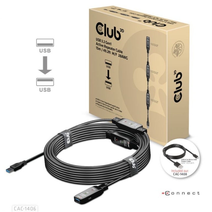 Club 3D USB 3.2 Gen1 Active Repeater Cable 15m M/F 28AWG in the group HOME, HOUSEHOLD & GARDEN / Electricity & Lighting / Extension cables at TP E-commerce Nordic AB (C67907)