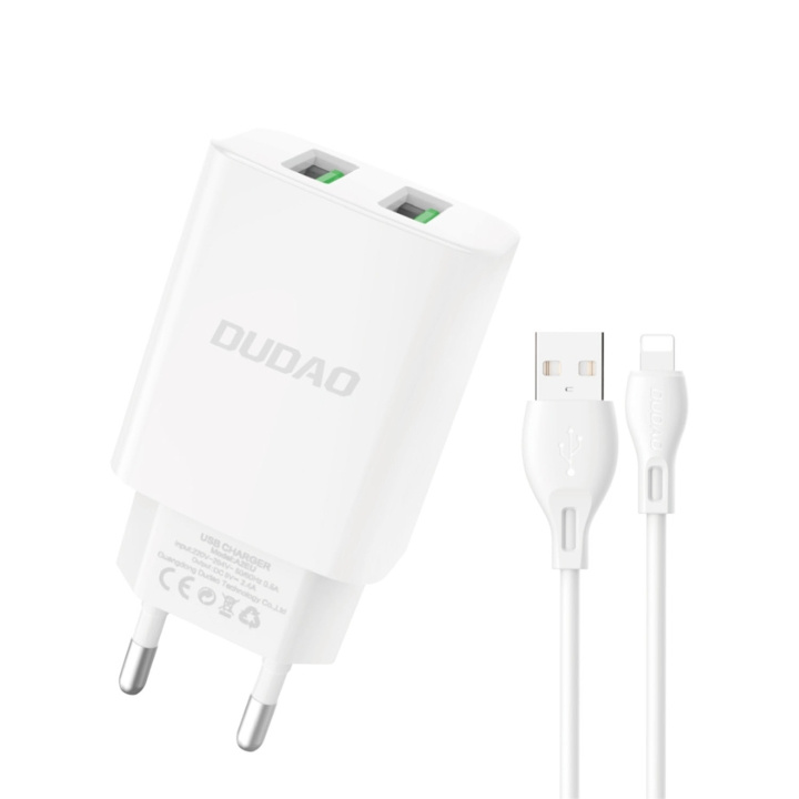 Dudao A2EUL Adapter 12Watt 2xUSB-A (1m USB-A to Lightning cable included) in the group SMARTPHONE & TABLETS / Chargers & Cables / Wall charger / Wall charger USB at TP E-commerce Nordic AB (C70273)