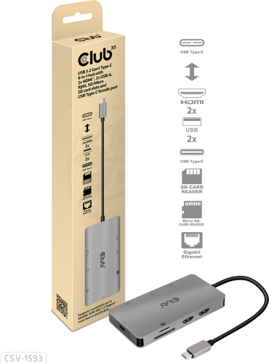 Club 3D Type-C 8-in-1 hub in the group COMPUTERS & PERIPHERALS / Laptops & accessories / Docking station at TP E-commerce Nordic AB (C71774)