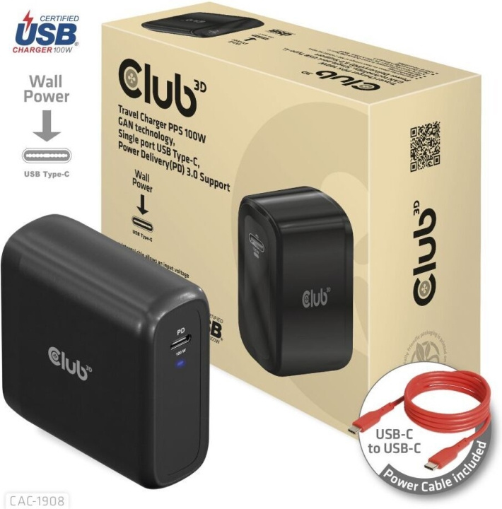 Club 3D CAC-1908EU Travel Charger 100 W GaN USB-C power supply in the group SMARTPHONE & TABLETS / Chargers & Cables / Wall charger / Wall charger USB-C at TP E-commerce Nordic AB (C71794)