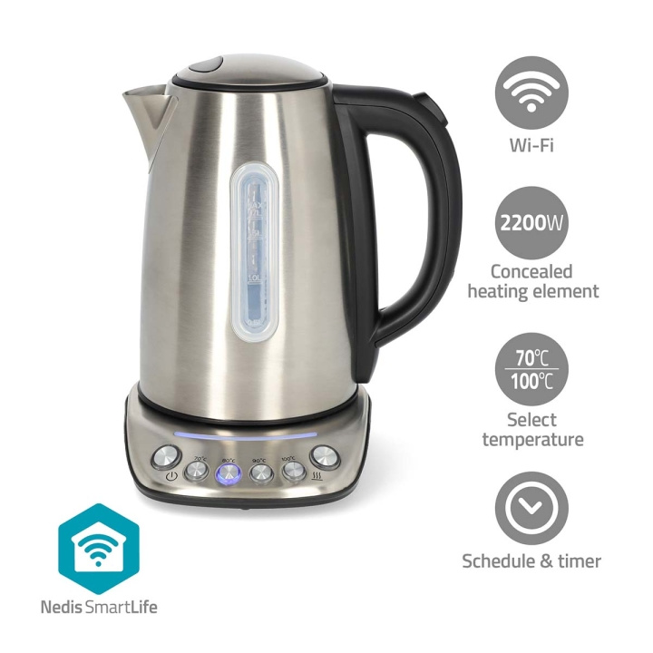 Nedis SmartLife Electric Kettle | Wi-Fi | 1.7 l | Stainless Steel | 70,80,90,100 °C | Temperature indicator | Rotatable 360 degrees | Concealed heating element | Strix® controller | Android™ / IOS in the group HOME, HOUSEHOLD & GARDEN / Household appliances / Water & Juice / Kettles at TP E-commerce Nordic AB (C76739)