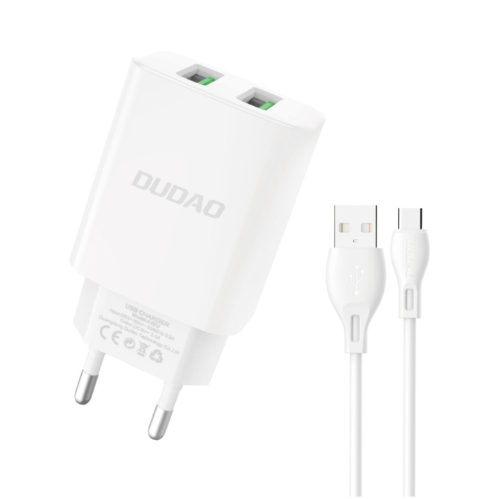 Dudao A2EUT Adapter 12Watt 2xUSB-A (1m USB-A to USB-C cable included) in the group SMARTPHONE & TABLETS / Chargers & Cables / Wall charger / Wall charger USB-C at TP E-commerce Nordic AB (C77119)