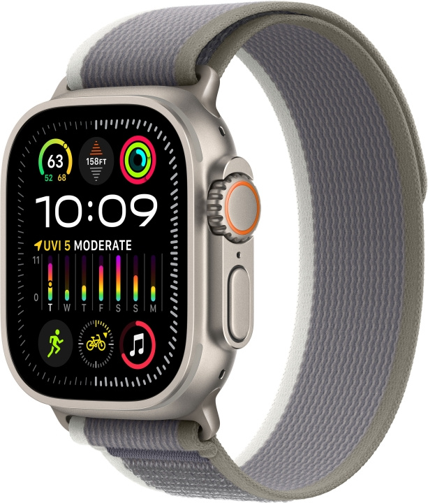 Apple Watch Ultra 2 (GPS + Cellular) 49 mm titanium shell and green/grey Trail strap, S/M (MRF33) in the group SMARTPHONE & TABLETS / Excercise, home & leisure / Apple Watch & Accessories / Apple Watch at TP E-commerce Nordic AB (C77571)