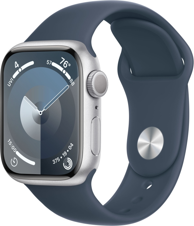 Apple Watch Series 9 (GPS) 41 mm silver-coloured aluminium case and storm blue sport strap, S/M (MR903) in the group SMARTPHONE & TABLETS / Excercise, home & leisure / Apple Watch & Accessories / Apple Watch at TP E-commerce Nordic AB (C77581)