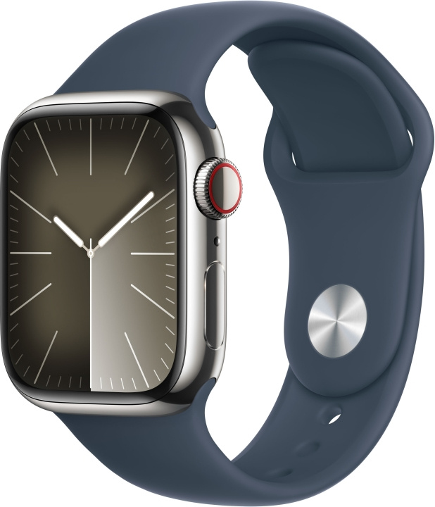 Apple Watch Series 9 (GPS + Cellular) 41 mm silver stainless steel case and storm blue sports bracelet, M/L (MRJ33) in the group SMARTPHONE & TABLETS / Excercise, home & leisure / Apple Watch & Accessories / Apple Watch at TP E-commerce Nordic AB (C77653)