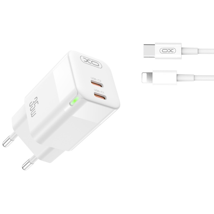 XO väggladdare CE07 PD 35W 2x USB-C vit + USB-C - Lightning-kabel in the group SMARTPHONE & TABLETS / Chargers & Cables / Wall charger / Wall charger Lightning at TP E-commerce Nordic AB (C79243)