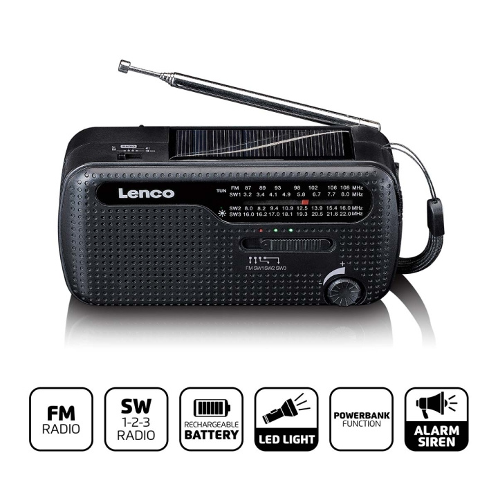 Lenco Portable wind-up emergency radio flashlight and power bank in one Black in the group HOME ELECTRONICS / Audio & Picture / Home cinema, Hifi & Portable / Radio & Alarm clocks / Radio at TP E-commerce Nordic AB (C81434)