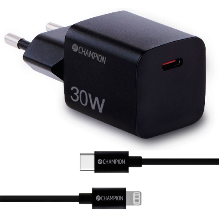 Champion Laddare 30W + USB-C till Lightning Kabel Svart in the group SMARTPHONE & TABLETS / Chargers & Cables / Wall charger / Wall charger Lightning at TP E-commerce Nordic AB (C82816)