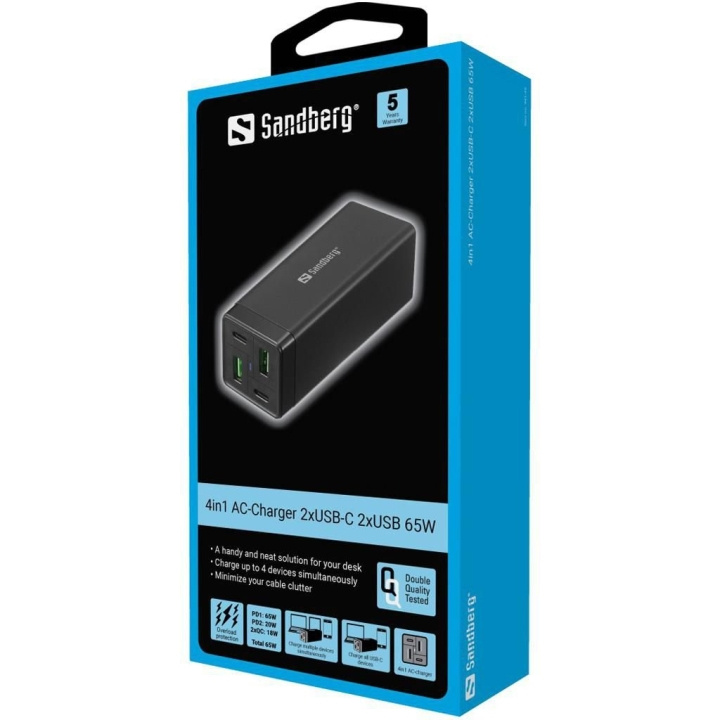 Sandberg 4in1 Charger 2xUSB-C 2xUSB 65W in the group COMPUTERS & PERIPHERALS / Computer accessories / USB-Hubs at TP E-commerce Nordic AB (C86291)