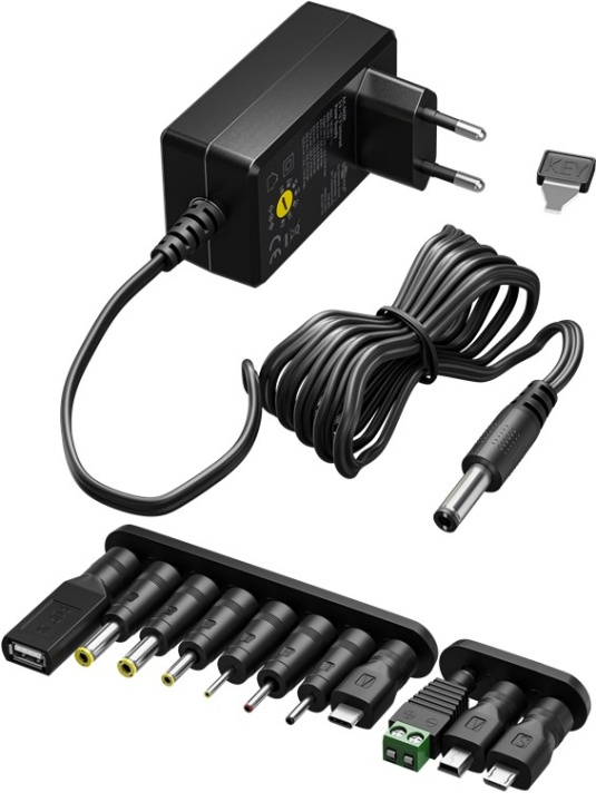 Goobay Universalnätdel 3 V - 12 V, max. 18 W inkl. 11 adaptrar: 7 DC-adaptrar plus USB-C™, USB-A, USB Mini-B, Micro-USB och terminalblock in the group HOME, HOUSEHOLD & GARDEN / Electricity & Lighting / Power adapters at TP E-commerce Nordic AB (C86877)