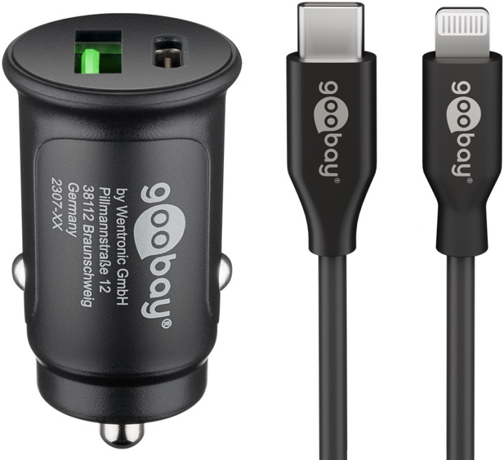 Goobay Dual USB snabbladdare för bil Lightning (27 W) laddningsadapter för bil med 1x USB-C™ och 1x USB-A, USB-C™ Lightning-kabel, 1 m, svart in the group SMARTPHONE & TABLETS / Chargers & Cables / Car chargers / Car chargers Lightning at TP E-commerce Nordic AB (C86940)