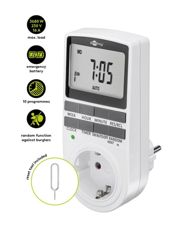 Goobay Digital timer programmerbar timer med kontakt med skyddsjord (typ F) in the group HOME, HOUSEHOLD & GARDEN / Electricity & Lighting / Timers at TP E-commerce Nordic AB (C86941)