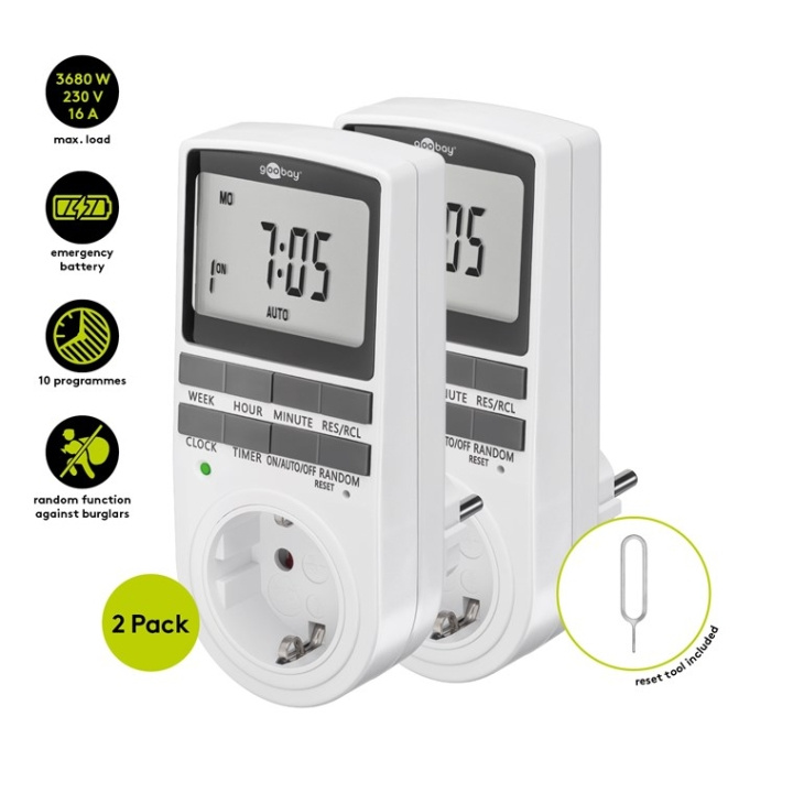 Goobay Digital timer, set om 2 programmerbar timer med kontakt med skyddsjord (typ F) in the group HOME, HOUSEHOLD & GARDEN / Electricity & Lighting / Timers at TP E-commerce Nordic AB (C86963)