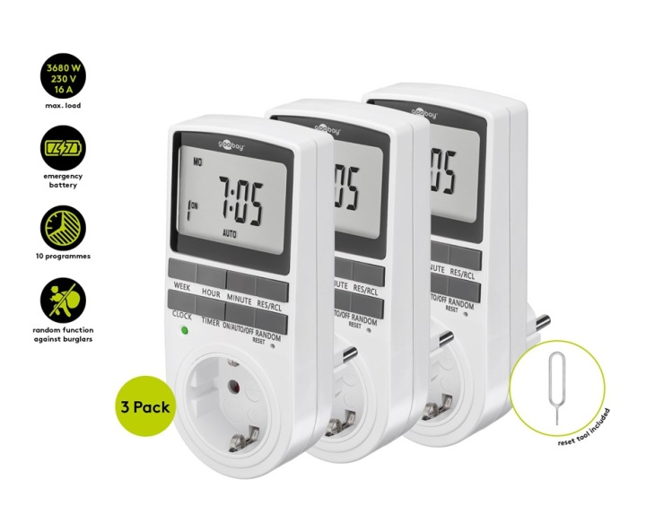 Goobay Digital timer, set om 3 programmerbar timer med kontakt med skyddsjord (typ F) in the group HOME, HOUSEHOLD & GARDEN / Electricity & Lighting / Timers at TP E-commerce Nordic AB (C86964)