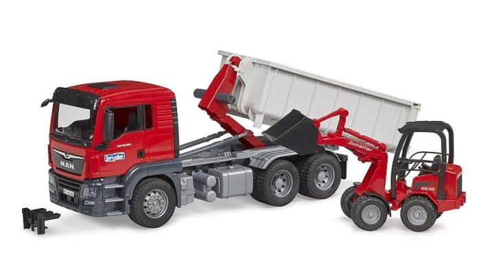 Bruder MAN TGS truck with roll-off container & Schäffer yard loader (03767) in the group TOYS, KIDS & BABY PRODUCTS / Toys / Toy cars at TP E-commerce Nordic AB (C89010)