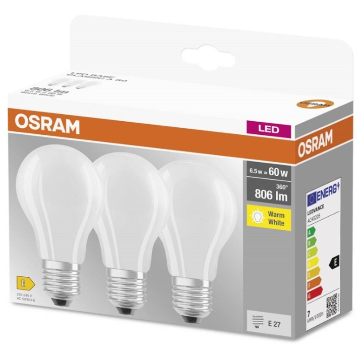 LEDVANCE OSRAM LED BASE standard mat 806lm 6,5W/827 (60W) E27 3-pak in the group HOME ELECTRONICS / Lighting / LED lamps at TP E-commerce Nordic AB (C92666)