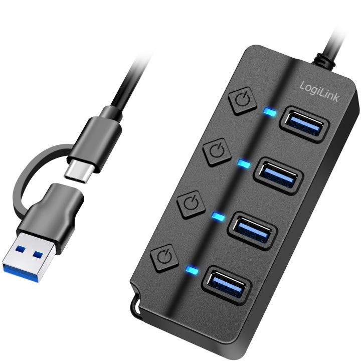 LogiLink USB-hub 4-port med separata På/Av-knappar USB-C/USB-A in USB 3.2 Gen1 in the group COMPUTERS & PERIPHERALS / Computer accessories / USB-Hubs at TP E-commerce Nordic AB (C93480)