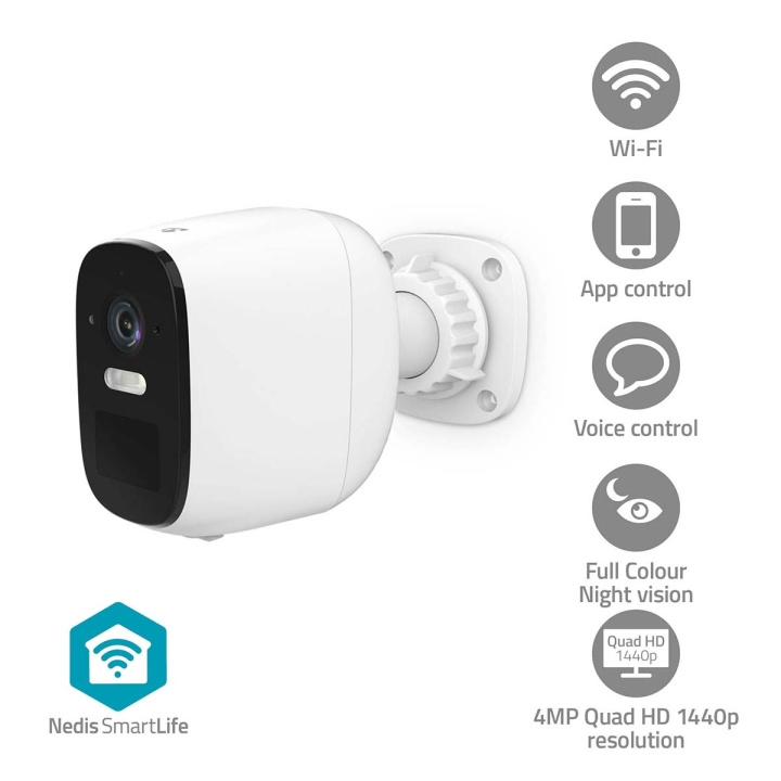 Nedis SmartLife Outdoor Camera | Wi-Fi | 4MP Quad HD 1440p / 2560x1440 | Pan tilt | IP66 | Max. battery life: 10 Months | Cloud Storage (optional) / microSD (not included) | 5 V DC | With motion sensor | Night vision | White in the group HOME, HOUSEHOLD & GARDEN / Alarm & Security / Security cameras / Digital (Network) / Outdoor cameras at TP E-commerce Nordic AB (C94857)