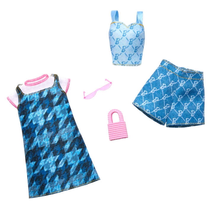 Barbie Fashion 2-Pack - Blue Denim Dress, Top, And Shorts, Pink Sunglasses And Purse (HRH45) in the group TOYS, KIDS & BABY PRODUCTS / Toys / Docks & Accessories at TP E-commerce Nordic AB (D04725)