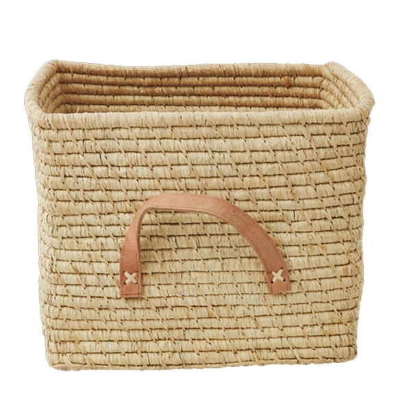 RICE Small Square Raffia Basket with Leather Handles - Natural in the group TOYS, KIDS & BABY PRODUCTS / Children\'s room / Storage at TP E-commerce Nordic AB (D06628)