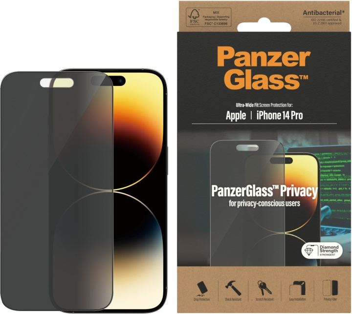 PanzerGlass Ultra Wide Fit Privacy screen protector, iPhone 14 Pro, black bezel in the group SMARTPHONE & TABLETS / Phone cases / Apple / iPhone 14 at TP E-commerce Nordic AB (D13459)